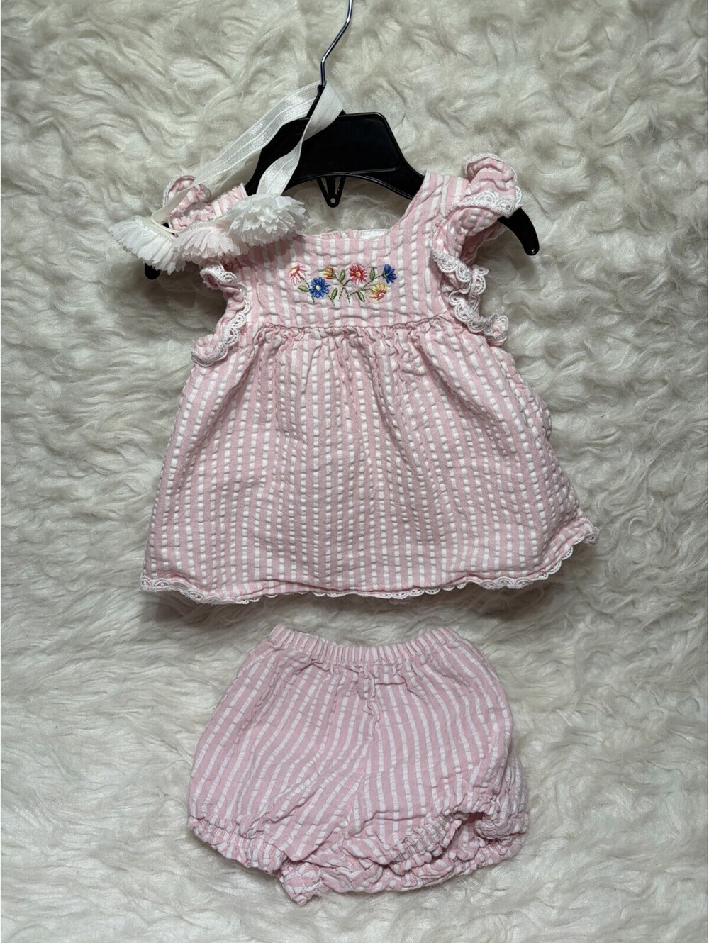Little Me 3 pc Outfit Set & Headband 12M Pink & White Colors